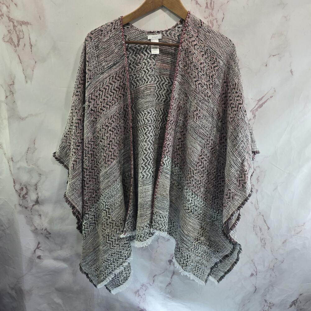 J Jill Poncho Womens One Size Pink Black Sweater Shawl Fringe Boho Open Kimono